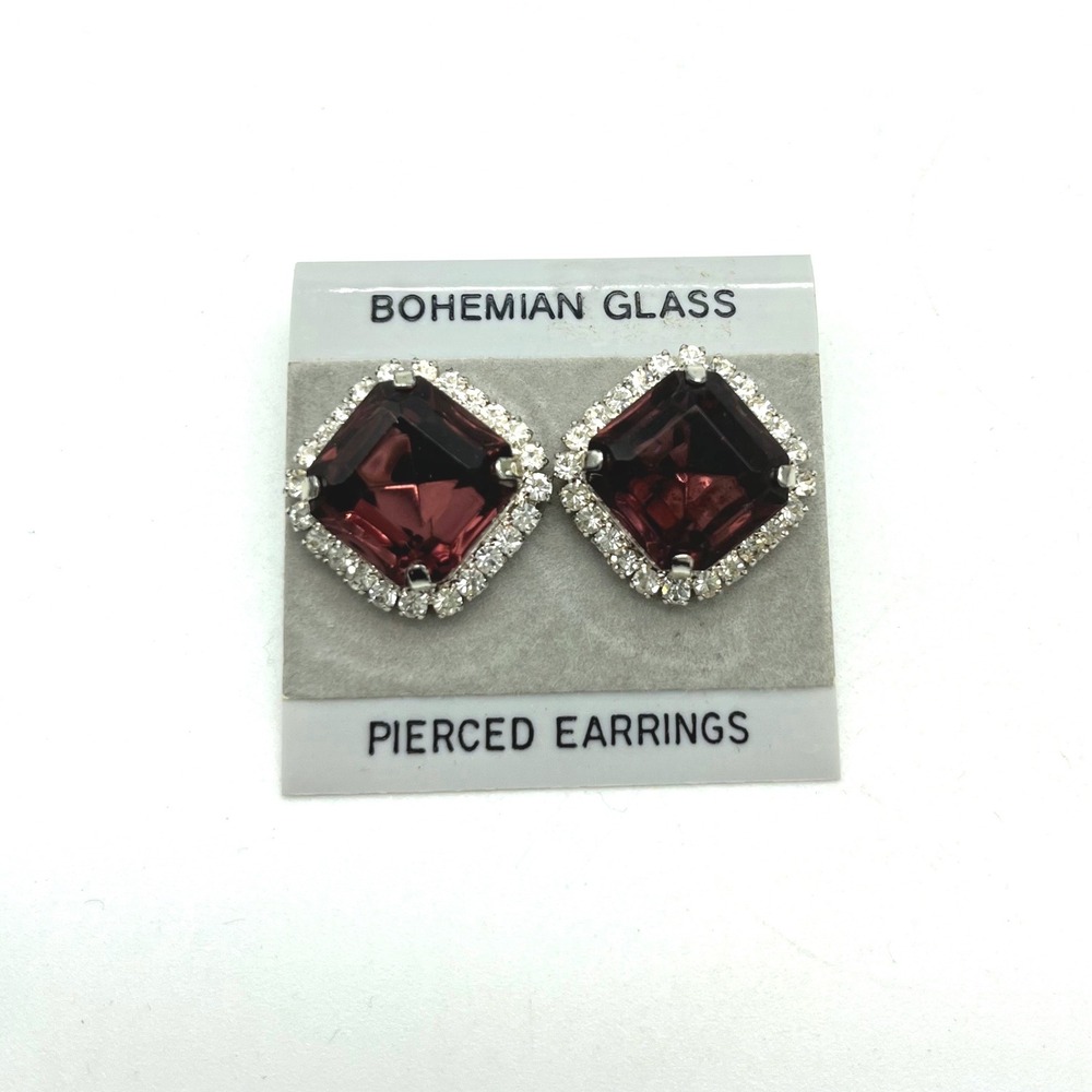 Vintage Bohemian Glass Pierced Earrings Square‎ Dark Red Rhinestone Stud